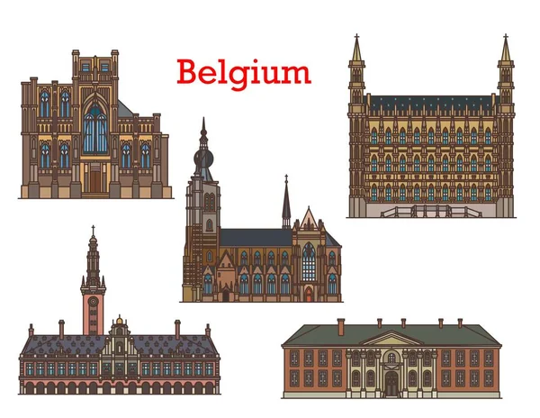 Belçika şehir simgeleri ve mimari binalar, kiliseler ve katedraller, vektör. St. Peter Kilisesi veya Sint Pieterskerk ve Leuven 'deki üniversite, belediye binası Stadhuis ve Aarschot' daki Leydi Notre Dame.