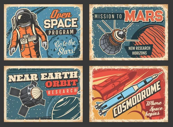Διαστημικό Πρόγραμμα Και Κοντά Στη Τροχιακή Έρευνα Διάνυσμα Ρετρό Αφίσες — Διανυσματικό Αρχείο