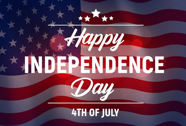 С Днем Независимости векторные открытки, США размахивая флагом. Плакат мероприятий Соединенных Штатов Америки с типографикой на фоне звезд и полос. Четвёртый американский патриотический праздник