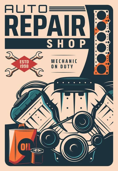 Auto Reparatie Winkel Retro Poster Auto Onderhoud Garage Station Onderdelen — Stockvector