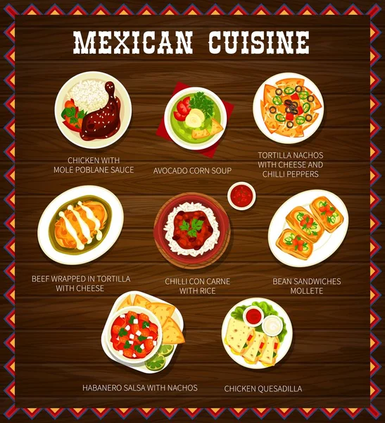 Menu Cuisine Mexicaine Repas Avec Viande Fromage Riz Poulet Sauce — Image vectorielle