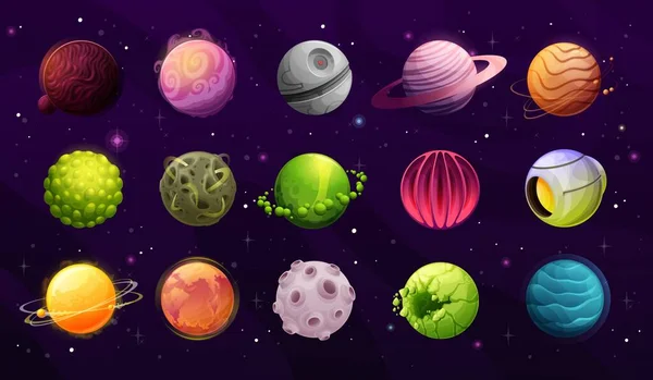 Alien Planets Galaxy Fantasy Worlds Cartoon Icons Artificial Planet Satellite — Stock Vector