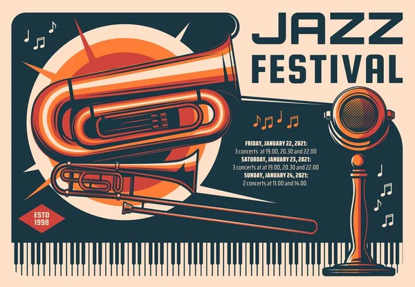 Jazz Musik Festival Retro Vektor Banner Live Musik Konsert Musiker — Stock vektor