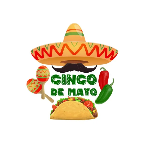 Cinco Mayo Σομπρέρο Και Τρόφιμα Μεξικάνικες Διακοπές Παραδοσιακά Vector Tacos — Διανυσματικό Αρχείο
