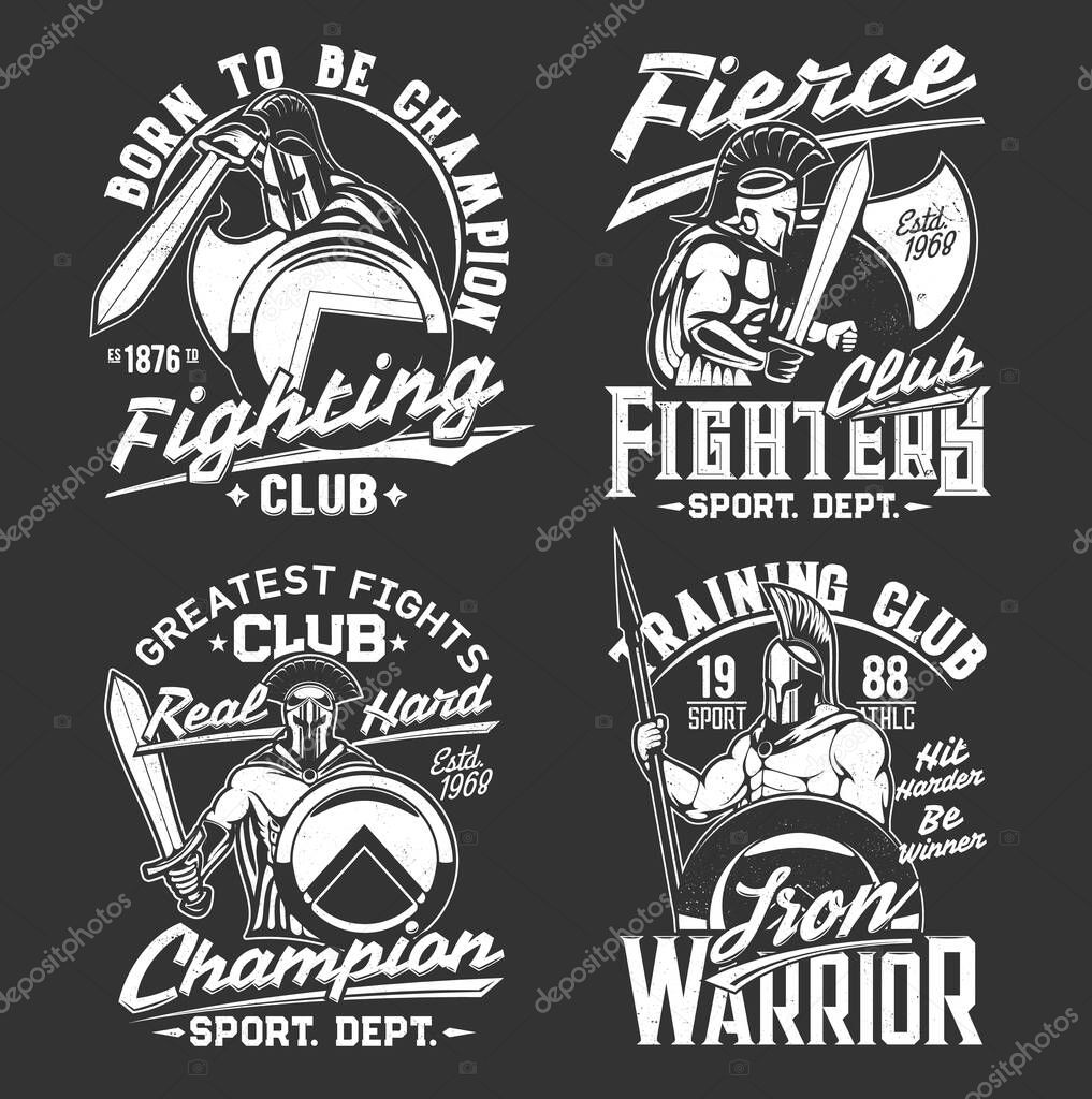 Gladiator knight warrior with sword and shield, t-shirt print sport team emblem, vector mockup. Heraldic medieval knight guardian in iron armor and helmet, victory fighting quotes for t-shirt print