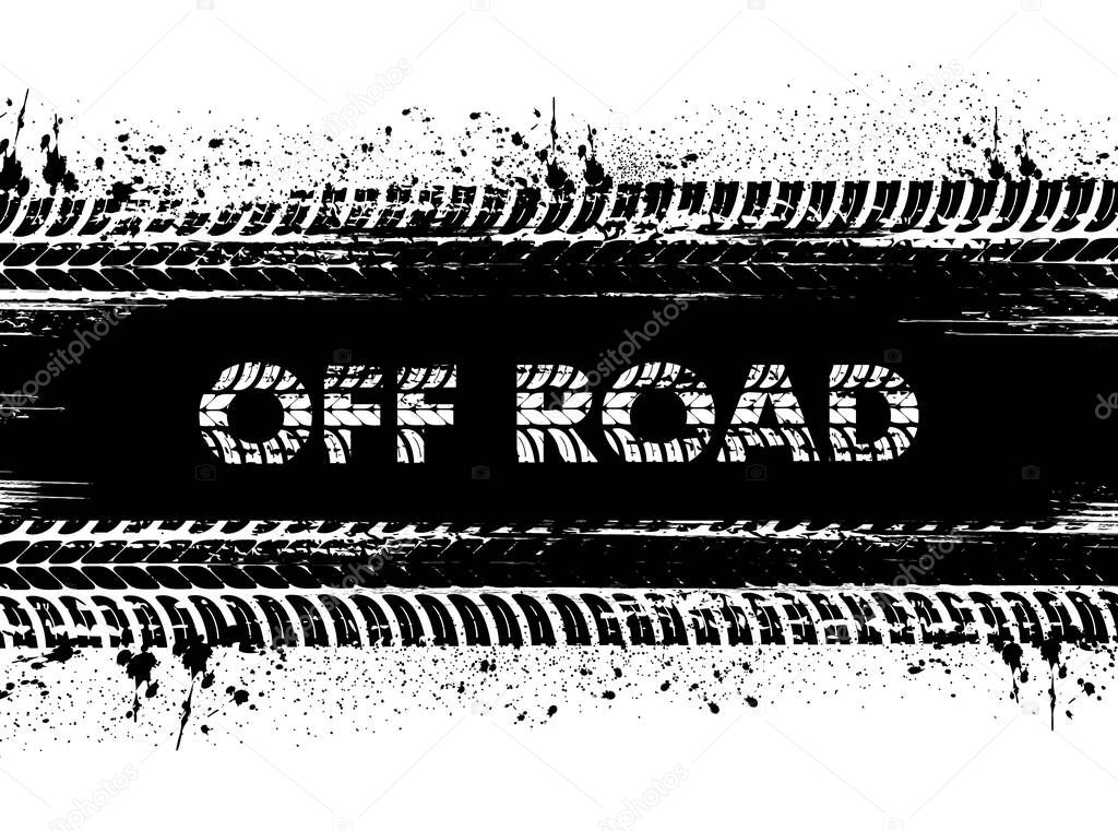 Motorsport off-road race, car rally or motocross background with tire dirty traces and mud or dirt stains, grunge vector typography. Vehicle wheel marks, truck or motorbike protector trails background