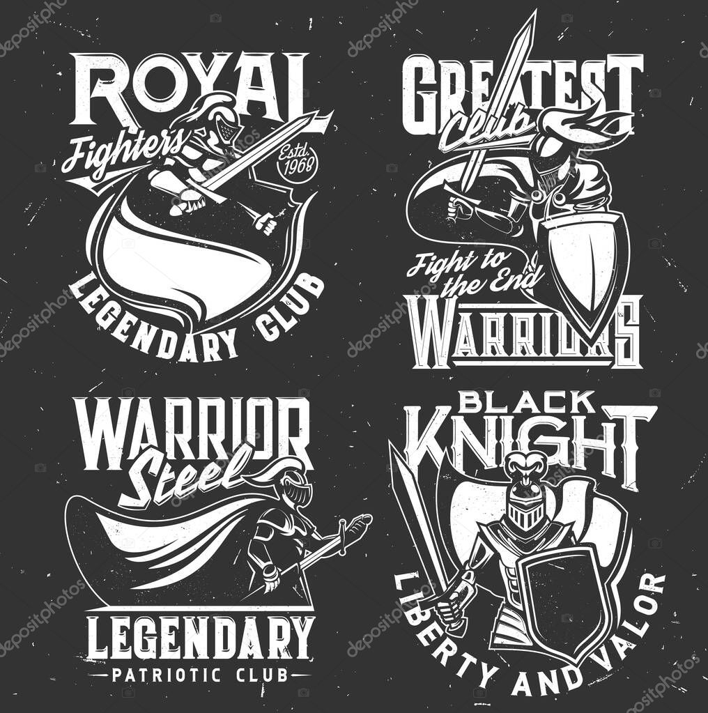 Warrior knight in armor t-shirt print royal club of fighters, vector heraldic icon. Medieval knight warrior with shield and sword, legendary patriotic club emblem for t shirt print mockup