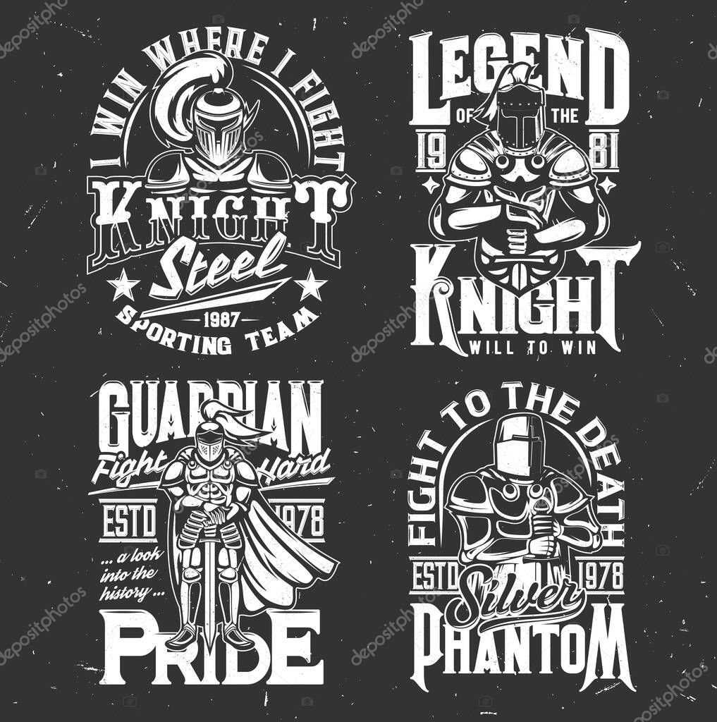 Knight warrior with sword t-shirt print sport team emblem, vector mockup. Heraldic medieval knight guardian in iron armor and helmet with victory fighting quotes for t-shirt print
