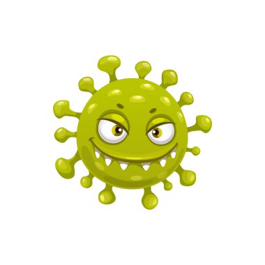 Çizgi film koronavirüs hücre vektör ikonu, komik kovid19 virüsü ya da bakteri ya da gülen suratlı mikrop karakteri. Gülümseyen kızgın patojen mikrop canavarı. Büyük gözleri var.