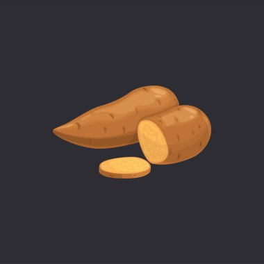 Tatlı patatesler ve soyutlanmış sebze yemekleri. Vektör tarımı ve tarım ürünü, sebze kökü, besin maddeleri. Soyulmamış büyük soğan, esmer eski ya da yeni pişmemiş patates