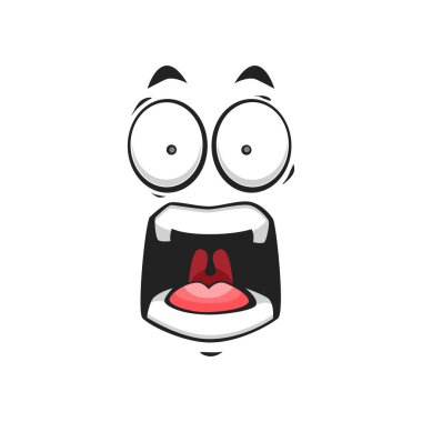 Bağıran emoji suratı, kötü ruh hali içindeki şok olmuş ifade izole edilmiş ikon. Vector korkmuş karakter, emojinin korku ifadesi. Çığlık atan çılgın ifade, ağzı açık gülen gülümseme.