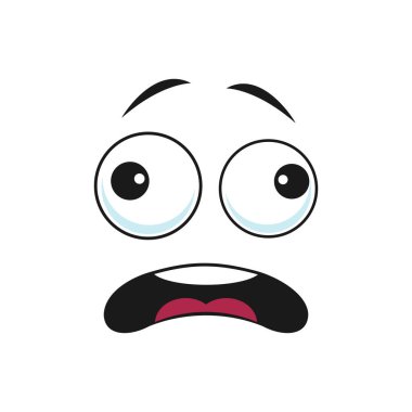 Şok olmuş yüz ifadesine sahip Emoji farklı taraflarda gözleri olan izole bir yüz. Vektör korkmuş ya da şaşırmış bir gülümseme, korkmuş ya da korkmuş bir ifade. Büyük patlak gözlü, çizgi film karakteri, korkmuş emoji.
