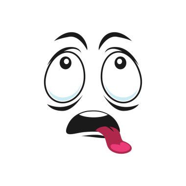 Kafası karışmış çılgın gözlü aptal emoji, izole edilmiş dil simgesi gösteriyor. Vektör garip ifade, çılgın aptal maskot. Aptal gözlü duygusallık, garip yüz ifadesi, sosyal ağ yorgun emoji