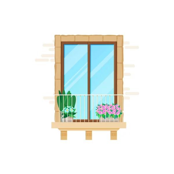 阳台和房子的窗户 建筑经典的平面立面 矢量建筑 有门廊的公寓 砖墙和花卉上的栏杆 别墅玻璃阳台或天井阳台 — 图库矢量图片