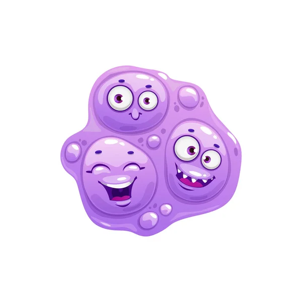漫画ウイルス細胞ベクターアイコン 幸せな顔をしたかわいいトリプル細菌 面白い生殖文字 マスコット 微笑む紫外線病原微生物の感情 隔離された微生物のシンボル — ストックベクタ