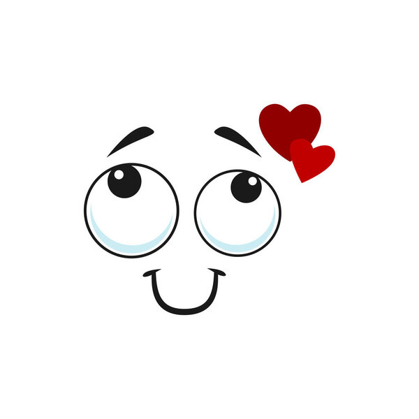 Cartoon dreaming face with red hearts over head and smiling mouth, vector love emoji. Funny facial expression, positive feelings, cute loving character isolated on white background