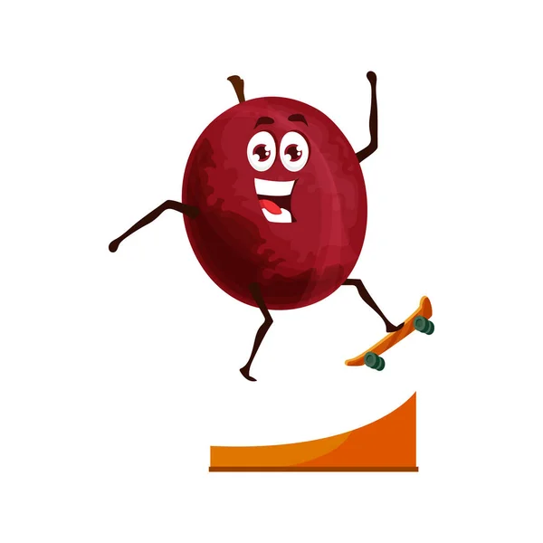 Plum Fruit Skateboard Healthy Food Cartoon Vector Character Fruit Vitamins — Stock Vector