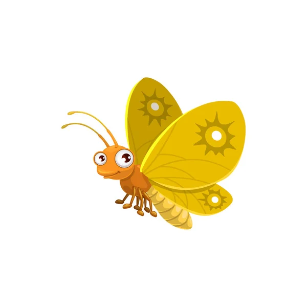 漫画蝶ベクトルアイコン 黄色の翼を持つ美しい飛行昆虫 かわいい顔と大きな目 面白いマスコット デザイン要素 白い背景に隔離された野生生物 — ストックベクタ