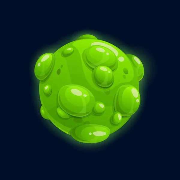 緑の泡が隔離されたフラット漫画のアイコンを持つファンタジー惑星 遠くエイリアンの世界 ベクトル深宇宙月や小惑星 居住可能なファンタジーの場所 ゲームデザイン要素 居住できない惑星や宇宙の世界 — ストックベクタ