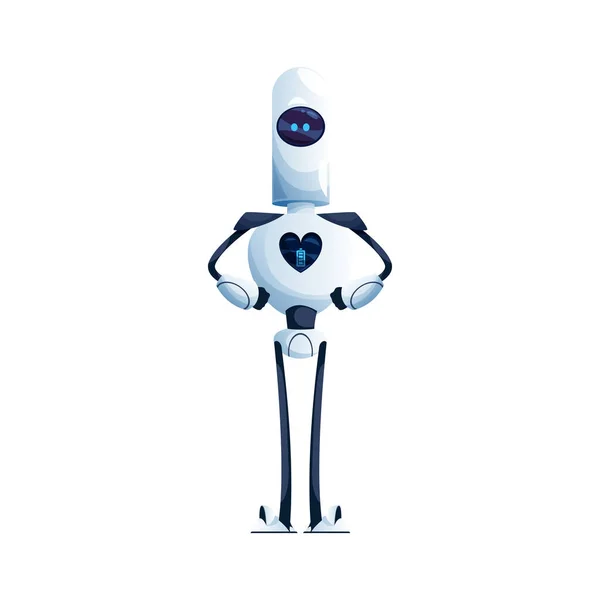 手长腿的机器人 心脏在展示孤立的卡通人物与灵活的胳膊 矢量未来的电子人形 站在吸盘上的人工智能人物形象机器人 — 图库矢量图片