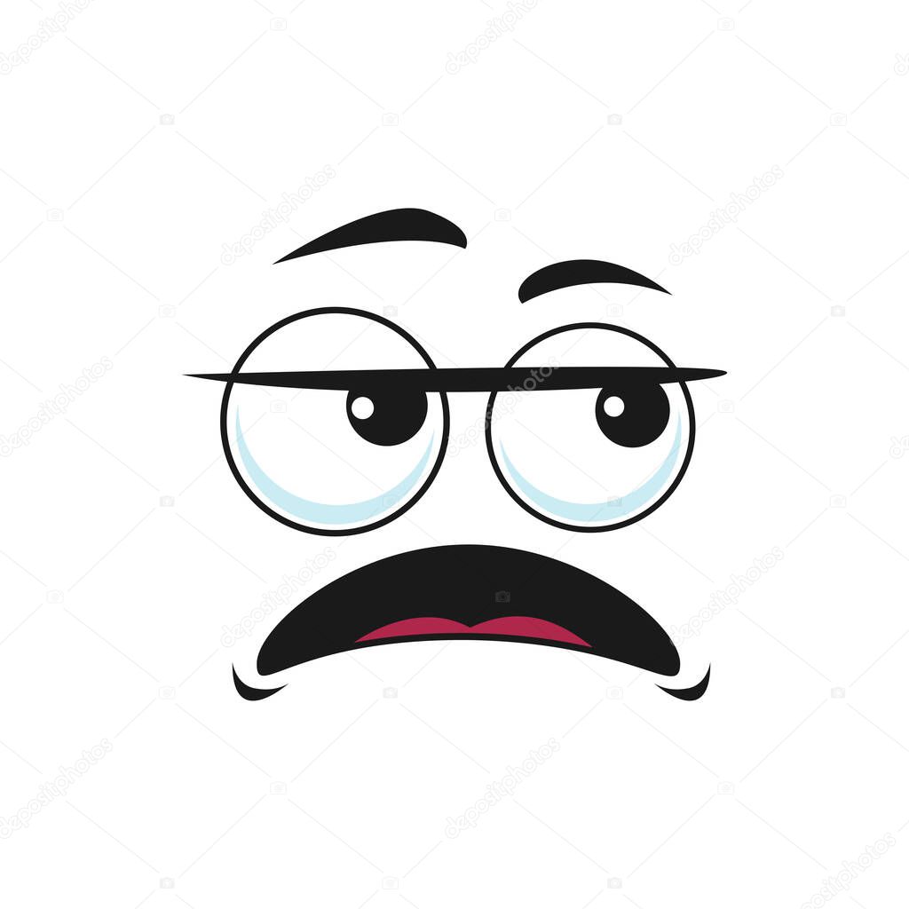 Indifferent apathetic emoticon with big eyes isolated smiley. Vector unconcerned lukewarm emoji, depressed tired smiley, unhappy emoji with open mouth in bed mood. Dissatisfied comic avatar bot