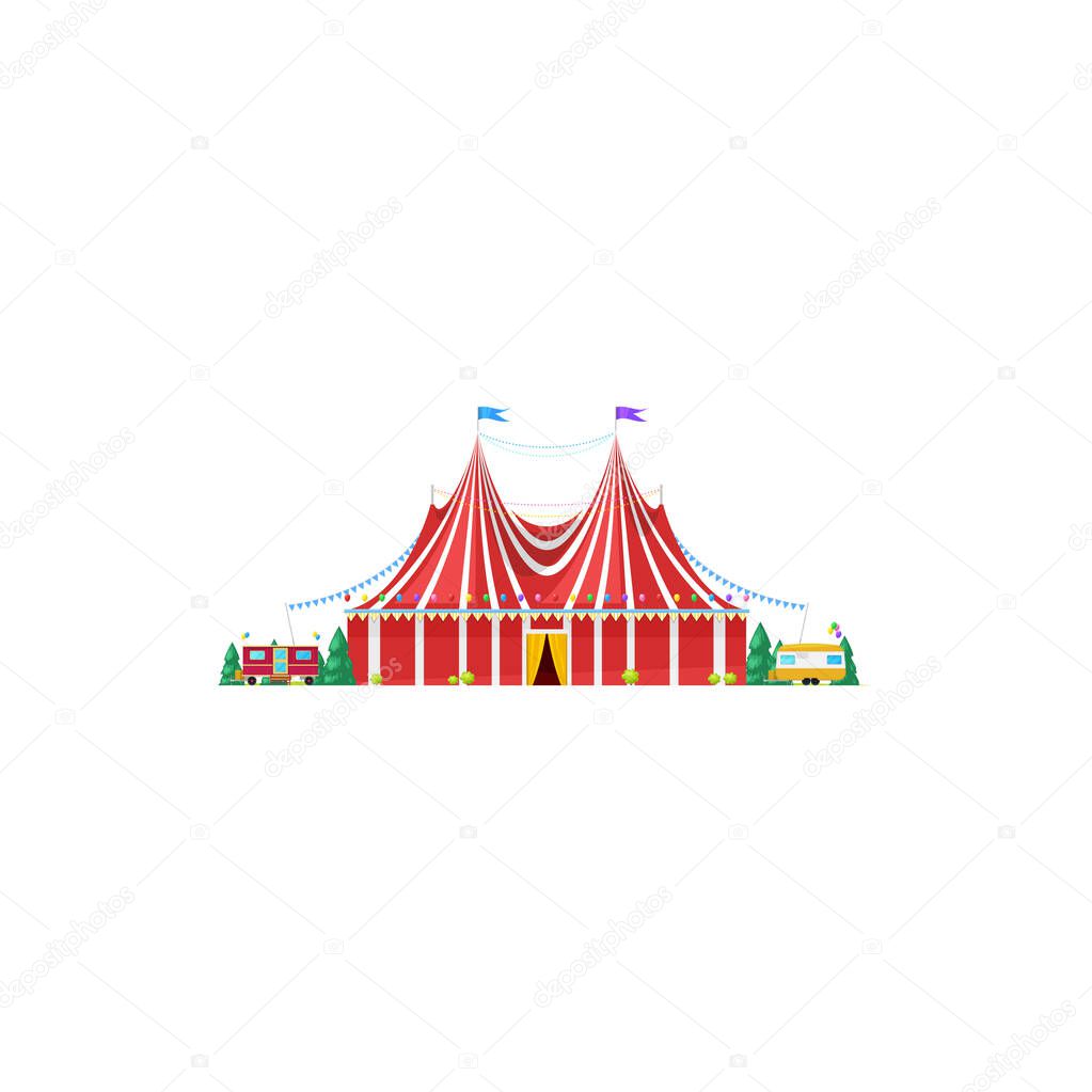 Shapito traveling circus tent isolated striped awning icon. Vector itinerant big top circus, facade of entertainment building decorated by flags. Trailers and trees, amusement fair, magic marquee