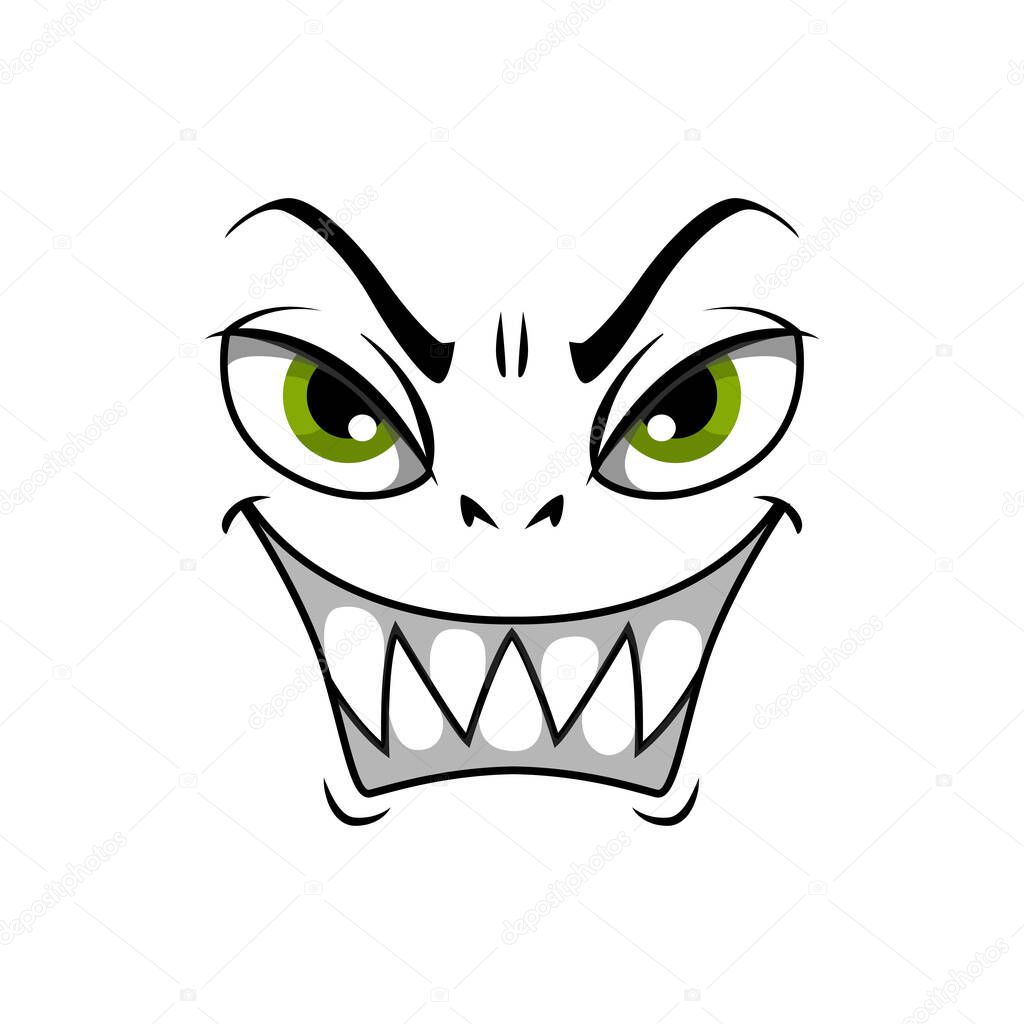 Monster face cartoon vector icon, gloat smiling emotion with angry eyes and laughing toothy mouth. Malefactor Halloween or hell creature emoji isolated on white background