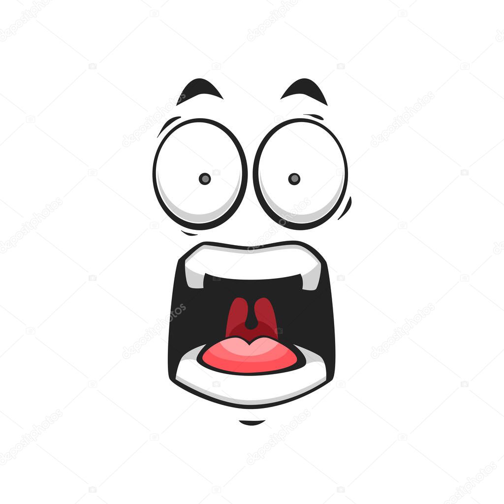 Loudly screaming emoji face, shocked emoticon in bad mood isolated icon. Vector frightened character, horror face expression of emoji. Crazy screaming emoticon, shouting smiley with wide open mouth