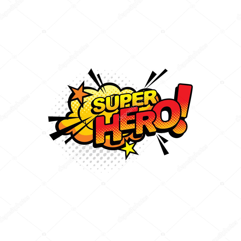 Super hero pop art comics half tone bubble vector icon. Cartoon retro sound cloud blast explosion with stars and dotted pattern. Halftone superhero boom bang colorful explosion isolated symbol