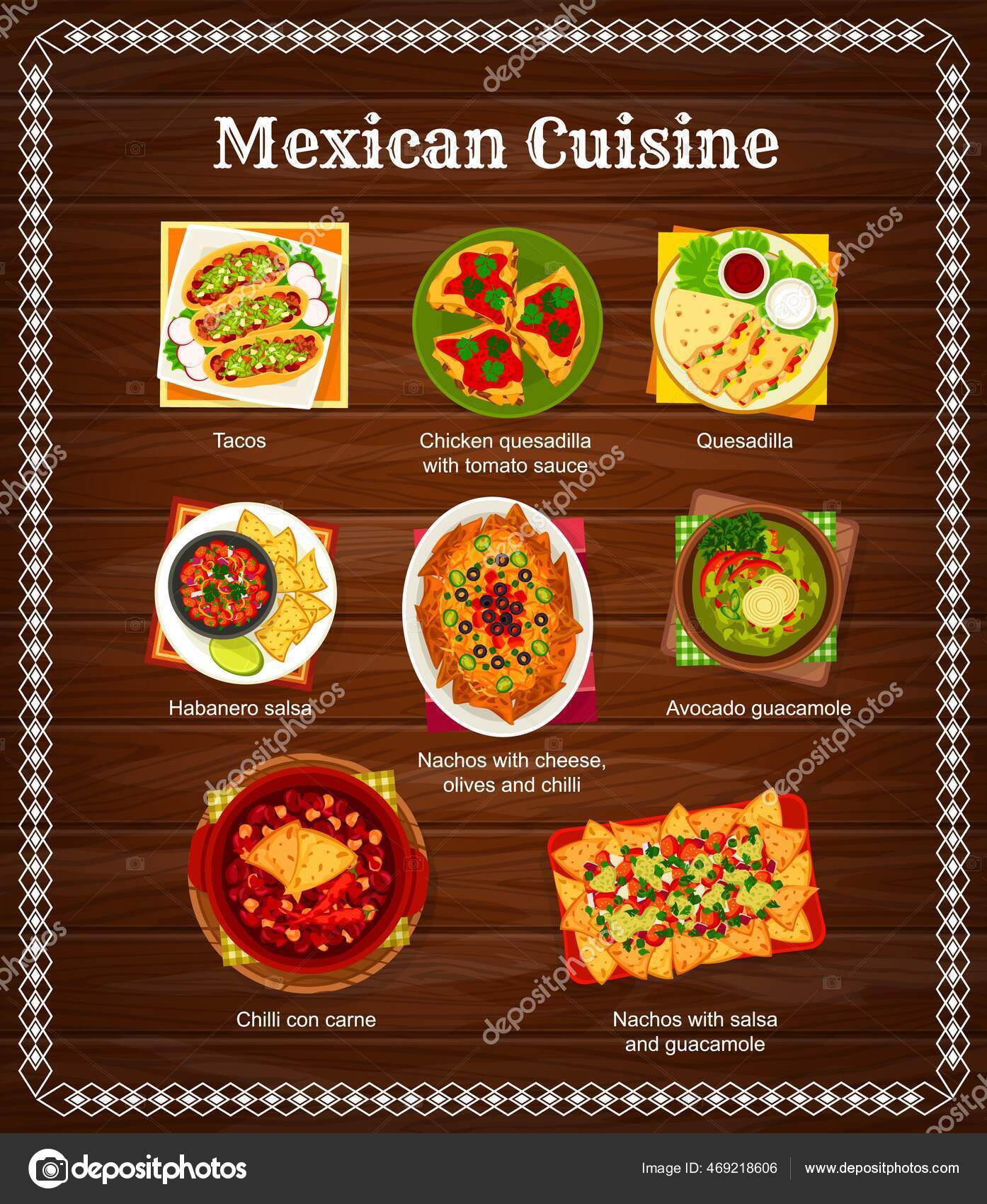 Mexican Cuisine Menu Mexico Food Dishes Meals Vector Tacos Quesadilla mexican-cuisine-menu-mexico-food-dishes-meals-vector-tacos-quesadilla