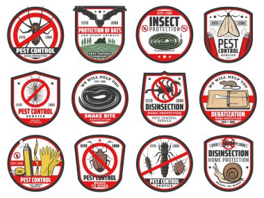 Pest control icons, disinfection, extermination and deratization service, vector signs. Insects and rodents pest control, home disinfestation from rats, bugs and moth, snakes and cockroaches