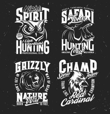 Safari hunting, sport team fan t-shirt print. Owl, hippopotamus and grizzly bear, red cardinal bird vector. Safari hunting club emblem, hunter or sport team player apparel print with animal mascot