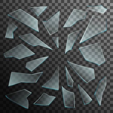 Broken glass realistic vector of cracked glass shards on transparent background. 3d glass debris of shattered window, cracked or crashed pieces, fragments and particles of windshield or windscreen