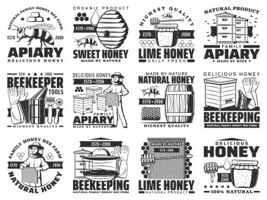 Honey and beekeeping farm vector icons, family apiary products, agriculture production and beekeeper tools shop isolated labels. Beehive honeycomb, wooden barrel and honey splash drops emblems set