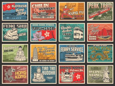Hong Kong travel posters, Asian tourism landmarks and sightseeing tours, vector retro. Hong Kong flag, red sail boat, Victoria peak tram and bay ferry, golden dragon and Buddhist temple pagoda clipart