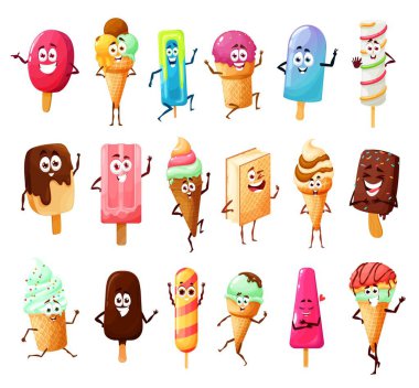 Cute ice cream cartoon characters of vector summer dessert food. Icecream cones with vanilla scoops, chocolate ice cream sticks and sandwich, gelato, sundae, sorbet and popsicle with happy emotions