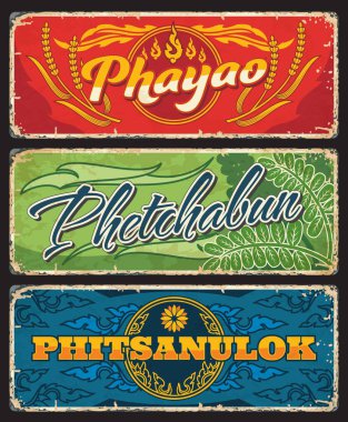 Tayland 'ın Phayao, Phetchabun ve Phitsanulok şehirlerinde bulunan plakaların üzerinde Tayland foku, pirinç kulağı ve tütün bitkisi yaprakları var. Asya seyahatleri teneke tabaklar, afişler ve klasik çıkartmalar