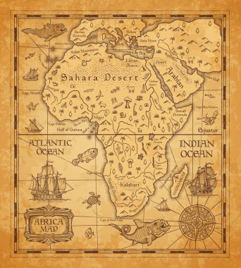Eski parşömen üzerinde Afrika 'nın antik haritası. Adaları, denizi ve okyanusları, dağları, çölleri ve nehirleri, klasik yelkenli gemisi, teknesi, deniz pusulası gülü ve antik canavar balığıyla Afrika kıtasının taşıyıcısı.