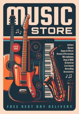 Müzik enstrümanları klasik poster, ses ekipmanları, akustik ve elektronik müzik enstrümanları mağazası retro vektör pankartı. Elektronik ve klasik gitar, piyano veya sentezleyici, saksafon, mikrofon