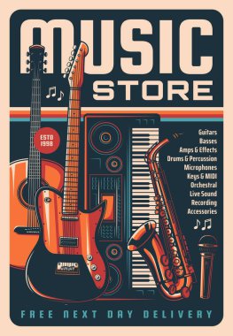 Music instruments store vintage poster, sound equipment, acoustic and electronic musical instruments shop retro vector banner. Electric and classic guitar, piano or synthesizer, saxophone, microphone clipart