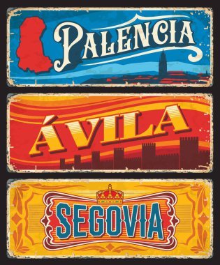 İspanya 'nın Palencia, Avila ve Segovia illerinde Kastilya ve Leon topluluklarının arması, kraliyet tacı, harita ve ortaçağ şehir duvarları bulunur. İspanyol vilayeti grunge teneke plakalar, eski tabelalar