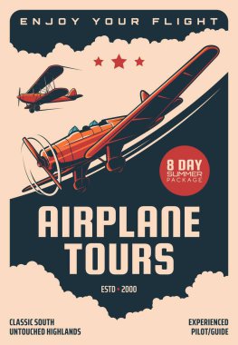 Uçak turları, uçak pilotları vektör ters uçuş posterleri. Vintage uçak ve pervane uçakları turizm ve havacılık macera servisi, havacı deneyimi eğitimi