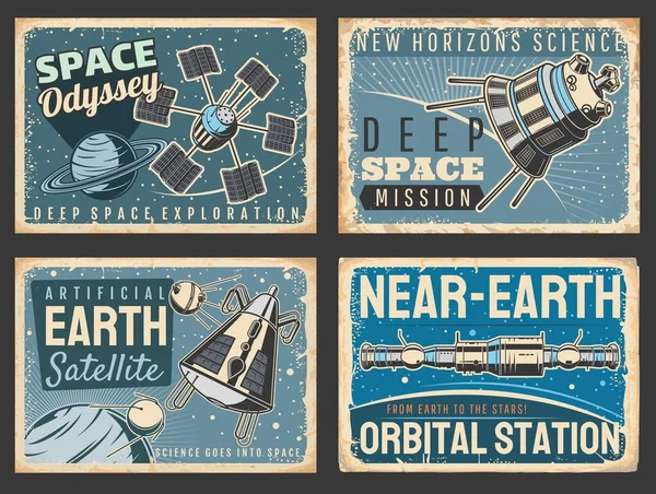Outer Space Galaxy Research Vector Retro Posters Satellites Earth Orbital — ストックベクタ