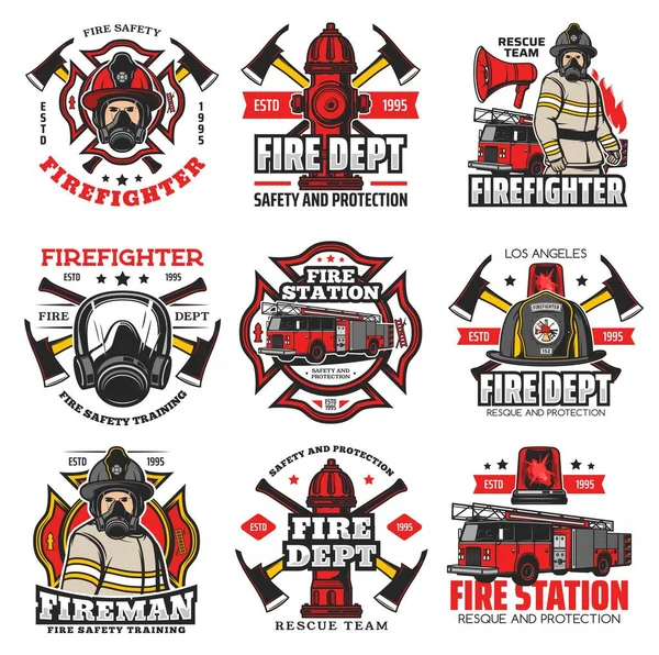 Feuerwehr Symbole Feuerwehr Retro Embleme Feuerwehrauto Feuerwehrmann Mit Helm Und — Stockvektor