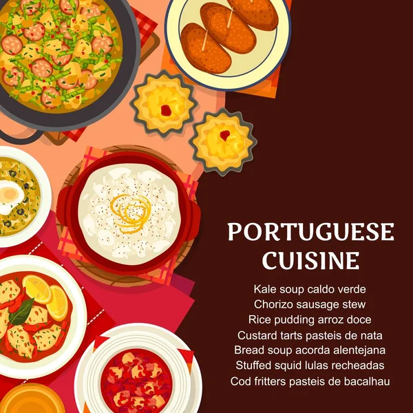 Portuguese Cuisine Food Portugal Restaurant Dishes Meals Menu Vector Traditional — Stockvector