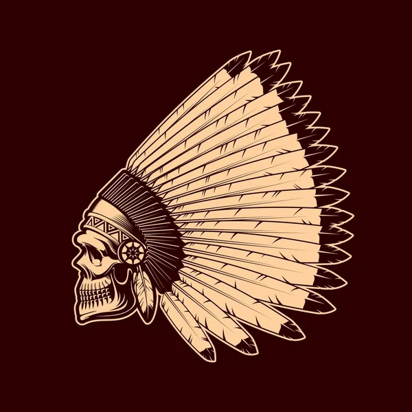 Indian Skull Vector Sketch Native American Chief Feather Headdress Hand —  Vetores de Stock