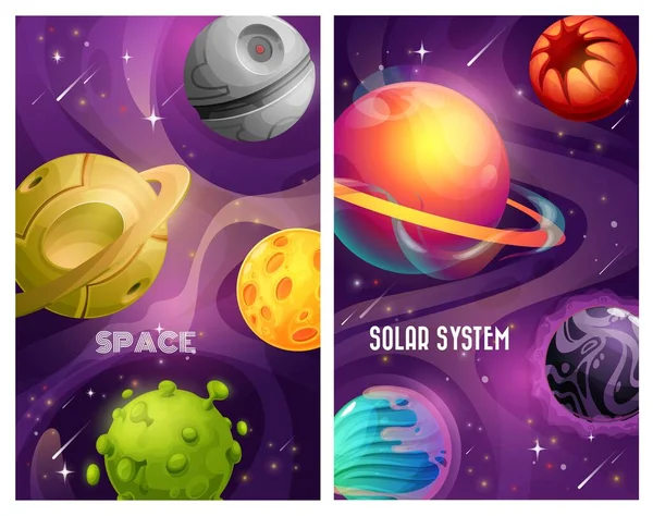 Планети Космосу Інопланетної Сонячної Системи Проектують Карикатури Векторів Галактичний Всесвіт — стоковий вектор