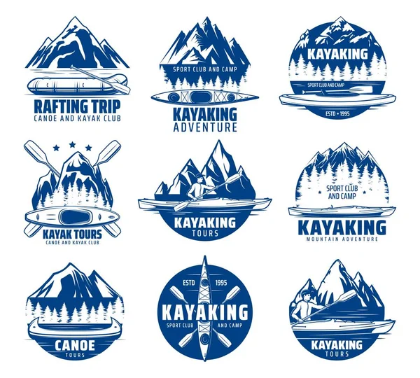 Kayaking Rafting Canoeing Sport Vector Icons Kayak Canoe Raft Boats — Stock vektor