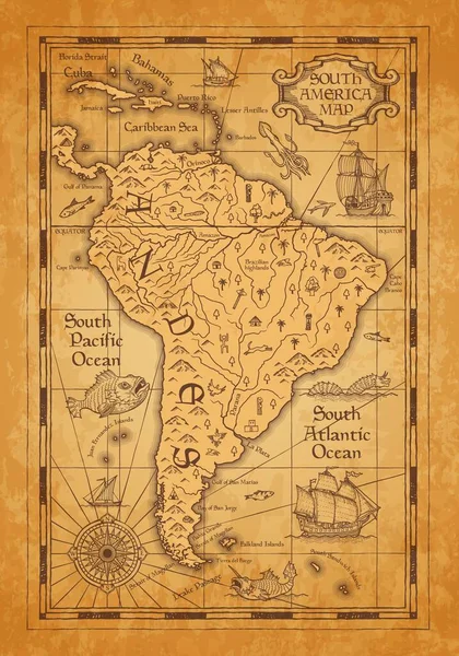 Antique Map South America Vector Old Parchment Continent Islands Mountains — Vector de stock