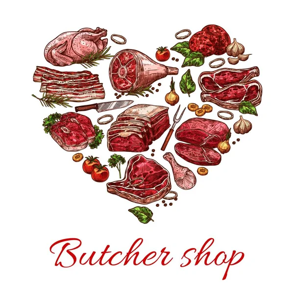 Meat Butcher Shop Heart Banner Beef Pork Lamb Food Vector — Stock Vector